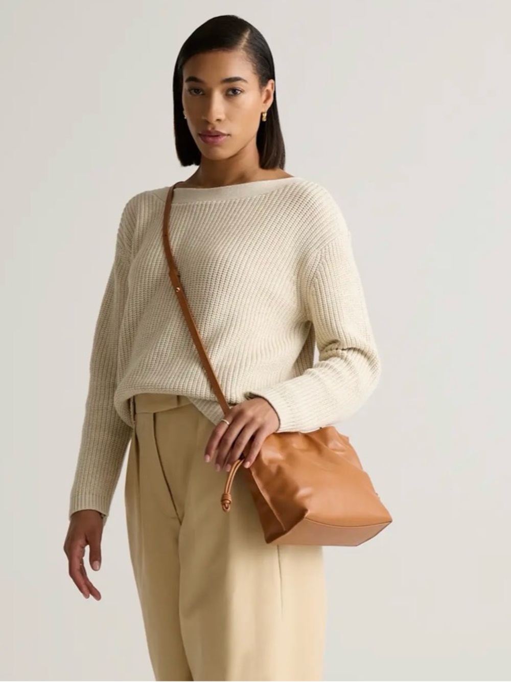 Quince Italian Leather Drawstring Pouch Crossbody Bag in Cognac - Picture 15 of 16